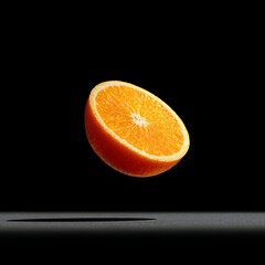 Bright orange half floating above a dark background with subtle shadow, fresh juicy citrus fruit, healthy snack
