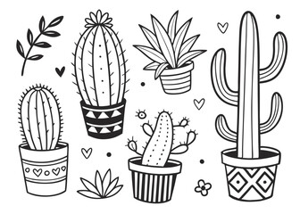 Hand-Drawn Cactus & Succulent Doodle Vector Set – Cute Botanical Illustrations for Stickers, Prints & Decor