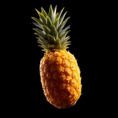 Juicy golden pineapple with spiky green crown isolated on black background healthy snack fruit