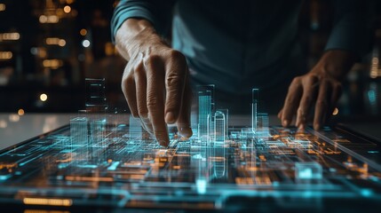 Person interacting with holographic city model on a digital interface in a dark environment