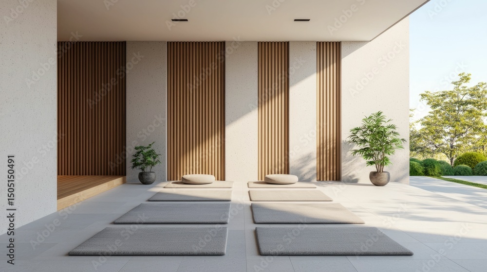 Poster peaceful and tranquil minimalist meditation space in a serene spa setting featuring wooden elements 