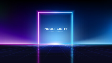 Abstract background with neon glowing square light and gradient colors, for futuristic modern backdrop designs.