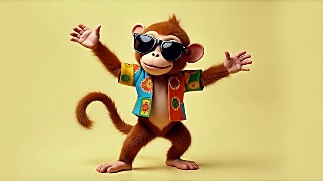 Excited monkey in trendy outfit celebrating with arms wide open against yellow background. Animated character ideal for advertising, social media content and youth-oriented projects.