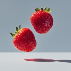 Bright red strawberries floating above a reflective surface with green leafy caps and a light blue background.