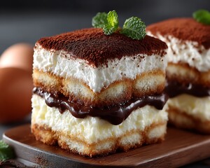 Delicious layered tiramisu-inspired dessert with cream, cocoa powder, and mint garnish on a wooden surface