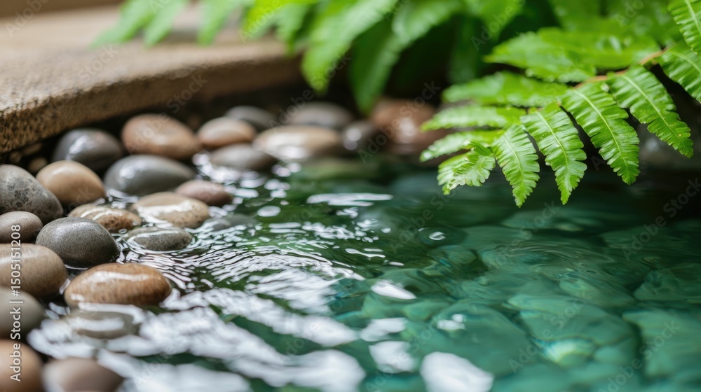 Poster tranquil and calming water feature in serene spa like setting gentle flow with pebbles and lush gree