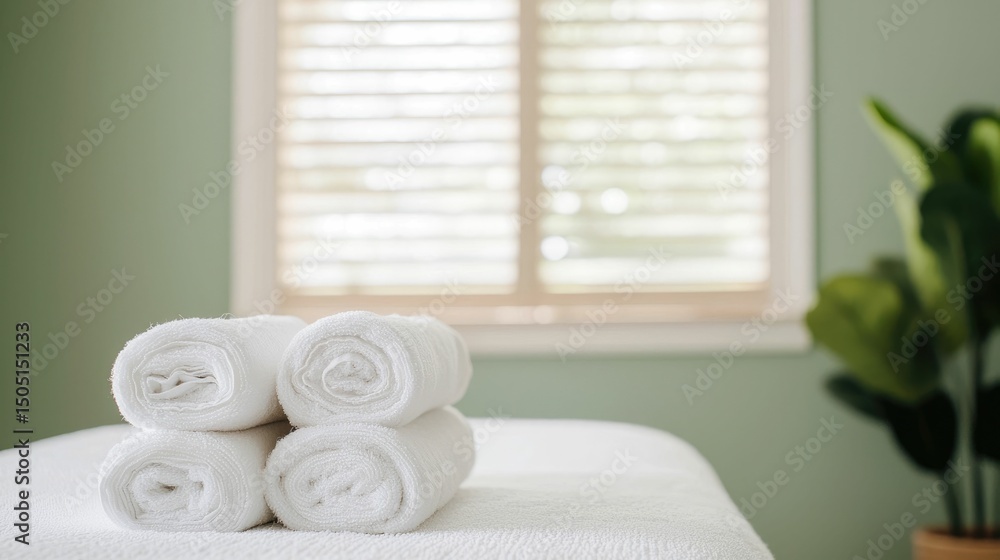 Poster soothing spa ambiance with soft plush linens and a tranquil neutral color palette creating an inviti