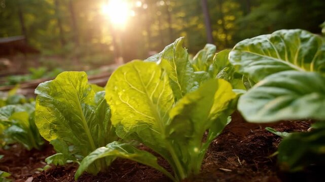 Lush green vegetable patch thrives under the warm sunlight in a forest clearing