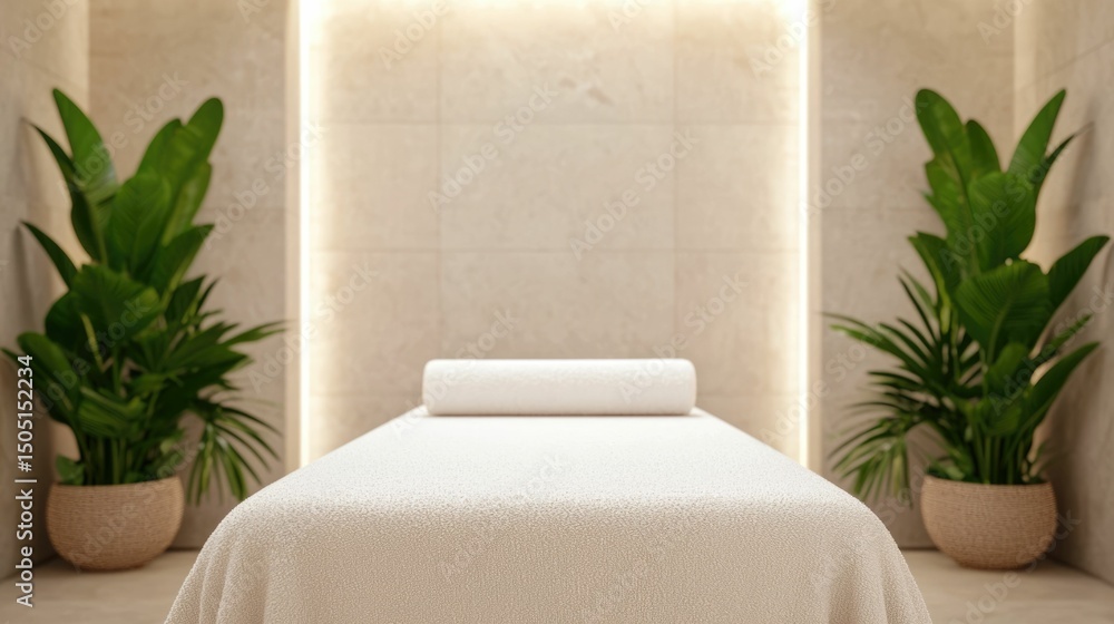 Poster luxurious spa treatment table with plush linens and ambient lighting creating a serene and tranquil 