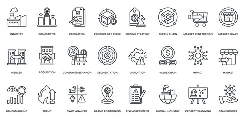 Industry Analysis icon set. Containing industry, competitive, regulation, product life cycle, pricing strategy, merger, segmentation, trend, SWOT analysis. Outline style