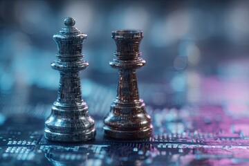 Fototapeta premium A double exposure of a digital circuit board and chess pawns with blue, purple, and white lighting in the background, 