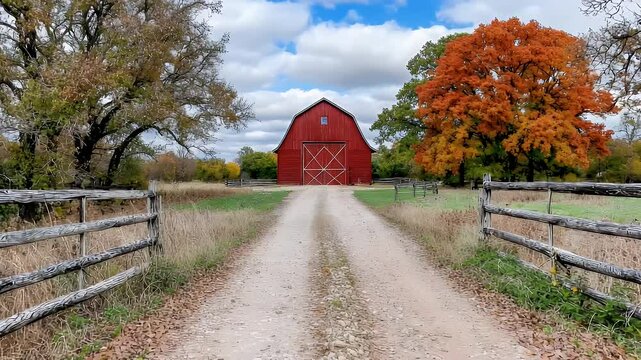 Red Barn Autumn Landscape Rustic Country Road, Vibrant Fall Foliage