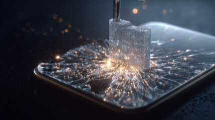 Glowing digital padlock with cracked screen symbolizing cybersecurity vulnerability and data breach risk, concept of online safety and digital protection.