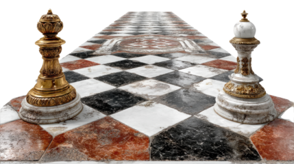 Strategic Stalemate: A detailed close-up captures two opposing chess pieces positioned on a meticulously designed checkered board, representing strategic decisions and intellectual competition.