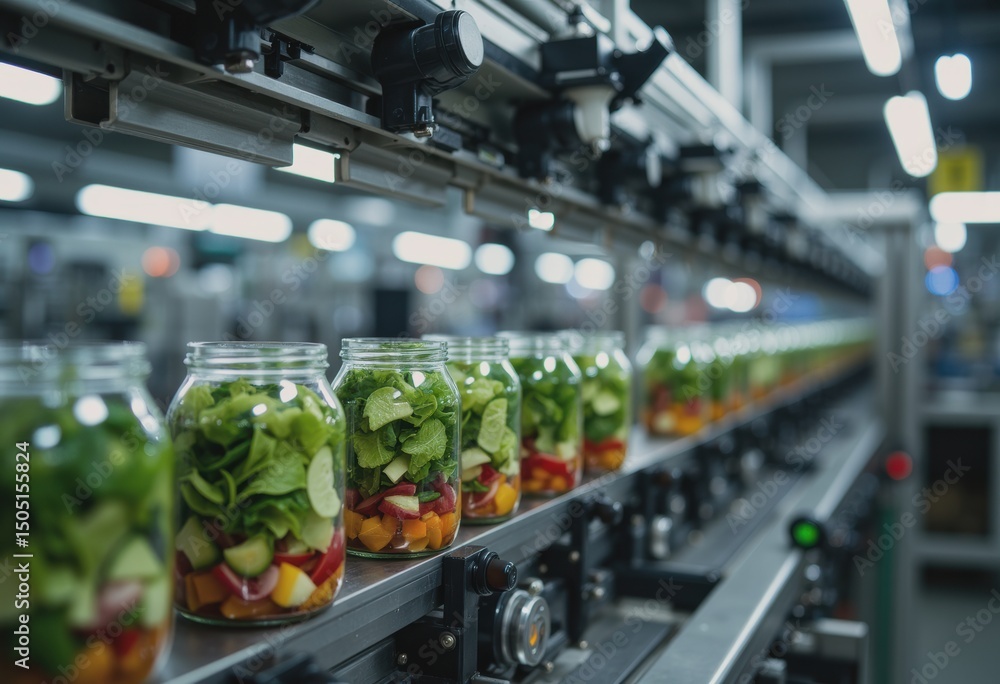 Poster empty salad jars on an automated filling line in a food processing facility