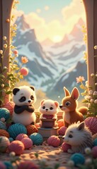 Fototapeta premium Adorable Cartoon Animals with Yarn Balls in a Window Seat