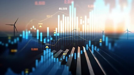 Abstract Wind Turbines with Financial Chart Data on a Blue Background For Renewable Energy Growth and Economic Stability - Powered by Adobe