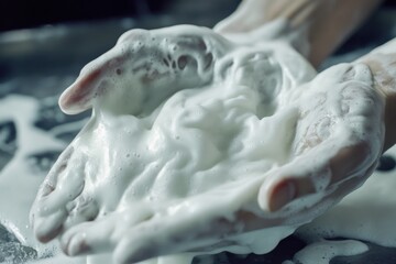 Soap lather forming thick foam on hands, high-speed capture