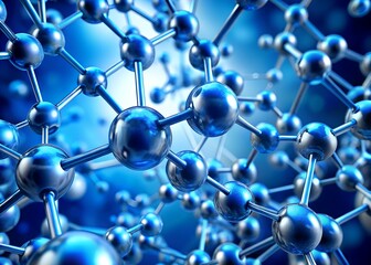 Obraz premium Illustration of molecular structure in blue tones. Scientific 3D render depicts atoms, bonds in detailed close-up. Concept of science, tech, medicine, chemistry, biology, physics, research, education