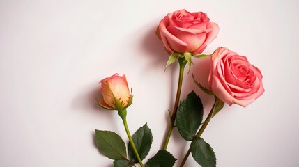 Naklejka premium Three Pink Roses with Green Leaves on Light Pink Background, Exuding Tenderness and Romance
