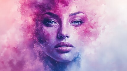 Fototapeta premium Abstract canvas portrait of a woman’s face partially dissolving into vibrant watercolor splashes and layered brushstroke textures, soft gradient background in pale rose and violet.
