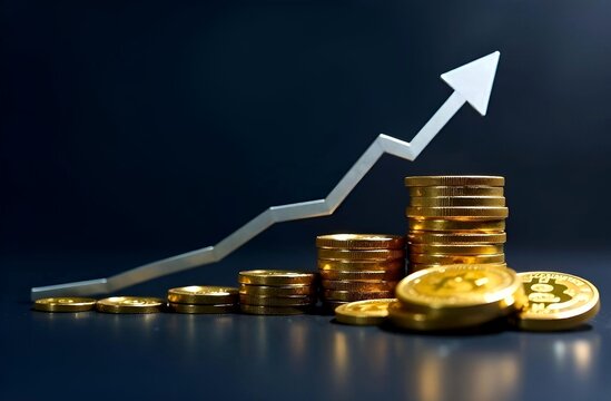 Stock market graph of currency, dollar, cryptocurrency coins chart trending price down trend, digital finance. Cryptocurrency exchange chart, the exchange arrow is going up. minimal background