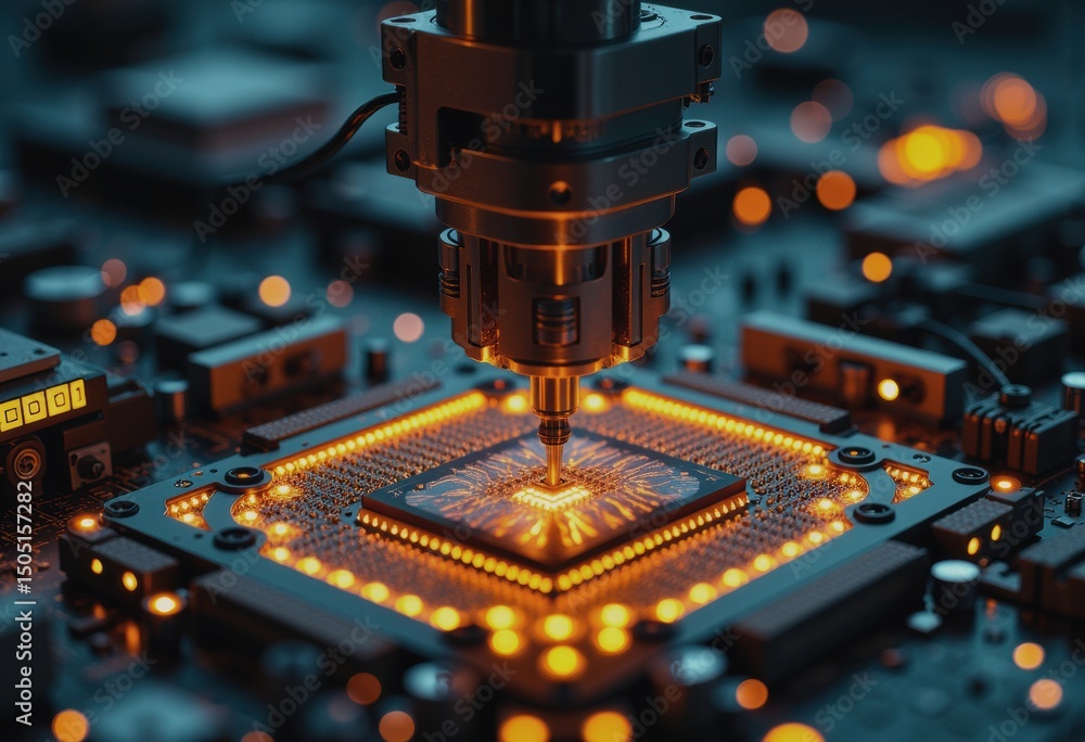 Poster robot gripper placing microchips onto substrate in an assembly cell
