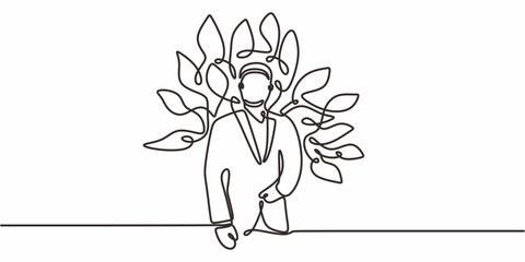 Businessman plant suit one line. Green business vector. Eco leader. Sustainable art.