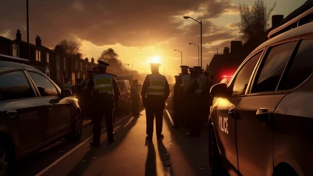 sunset road blocked by police cars and officers, police raid concept