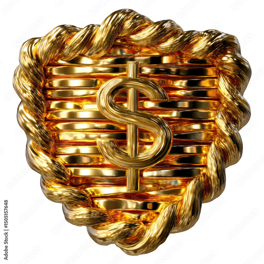 Poster golden dollar sign with stack of coins and rope frame isolated on transparent background