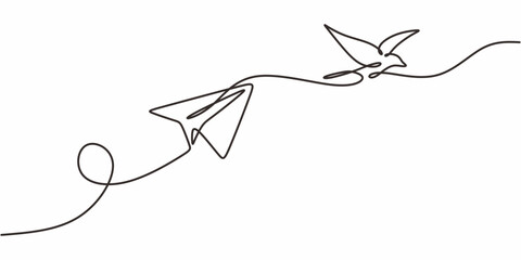 Paper plane bird continuous line. Freedom travel vector. Nature flight. Imagination.