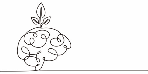 Plant on brain continuous line. Mental growth vector. Green thinking. Eco mind.