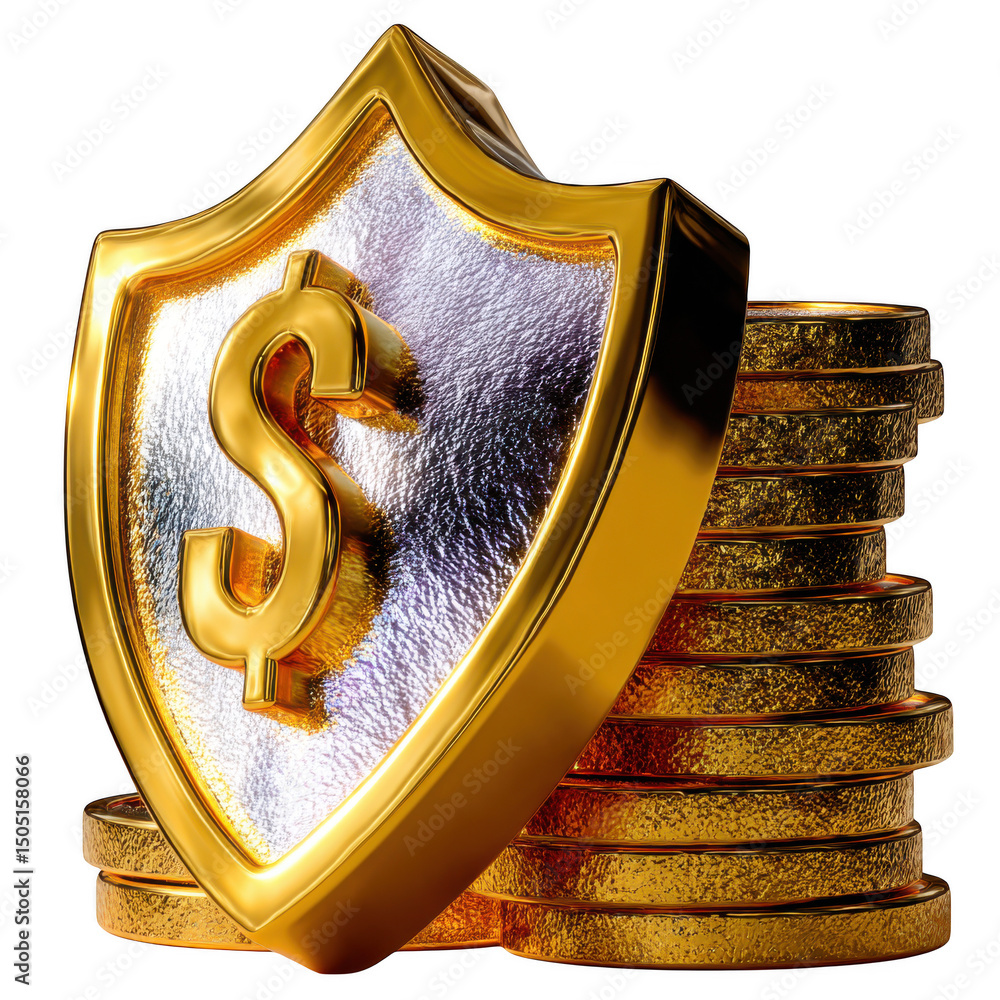 Poster 3d gold dollar sign on shield with stack of coins isolated on transparent background