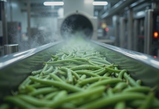 Steam swirling above blanching tunnel of green beans on conveyor