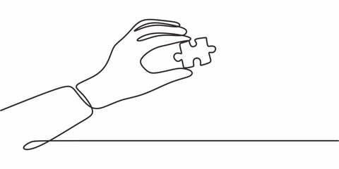 Hand with puzzle piece one line. Connection problem vector. Solving. Teamwork.