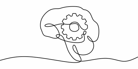 Brain gear icon one line. Thinking process vector. Idea innovation. Mind.