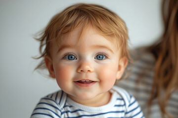 Fototapeta premium Smiling baby with blue eyes and blonde hair in striped shirt looking at camera against soft neutral background Generative AI