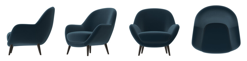 Obraz premium dark blue curved armchair with soft cushion multiple view isolated.