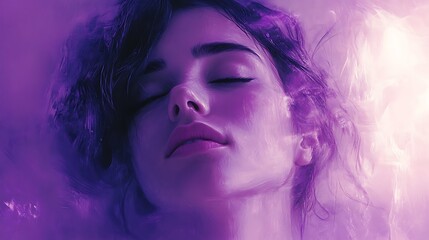 Fototapeta premium Meditative portrait of a woman in stillness, eyes closed, with soft brush strokes radiating from her face and ambient pastel light layers dancing around.