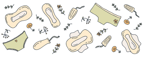 Women supplies for menstruation underpants, pads, tampons doodle banner. Gynecological hygiene protection concept. Hand drawn vector illustration.