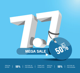 Blue circle promotion sign or tag with 50%off text tied to white 7.7 3d number for mega sale campaign advertising design on seventh day of the seventh month, vector 3d illustration for banner design