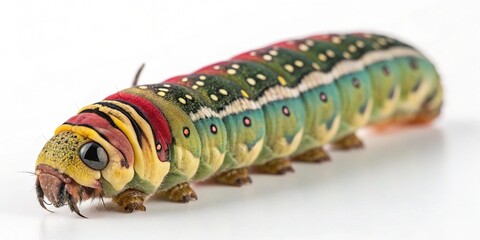 Close-up macro of a green caterpillar insect, larva, or worm on a leaf, branch, or isolated on white, showcasing nature's wildlife