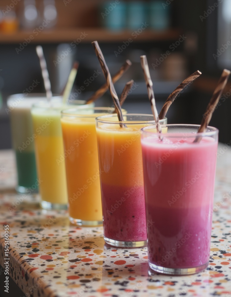 Poster gradient smoothie row displayed on a terrazzo surface, showcasing vibrant colors