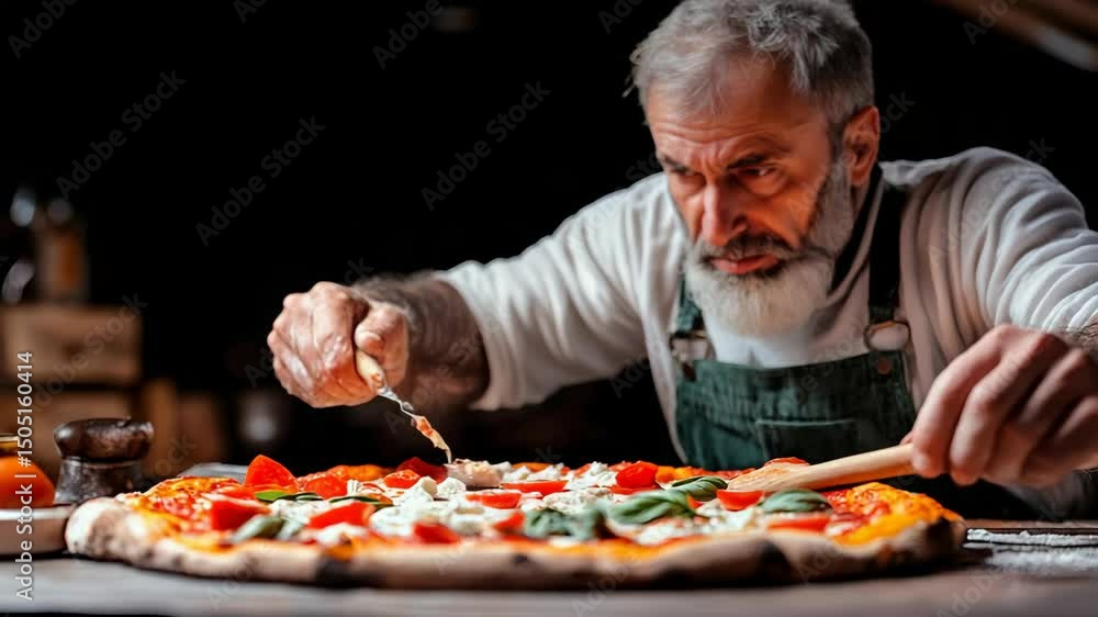 Poster man is making a pizza with a lot of toppings. he is putting sauce on the pizza