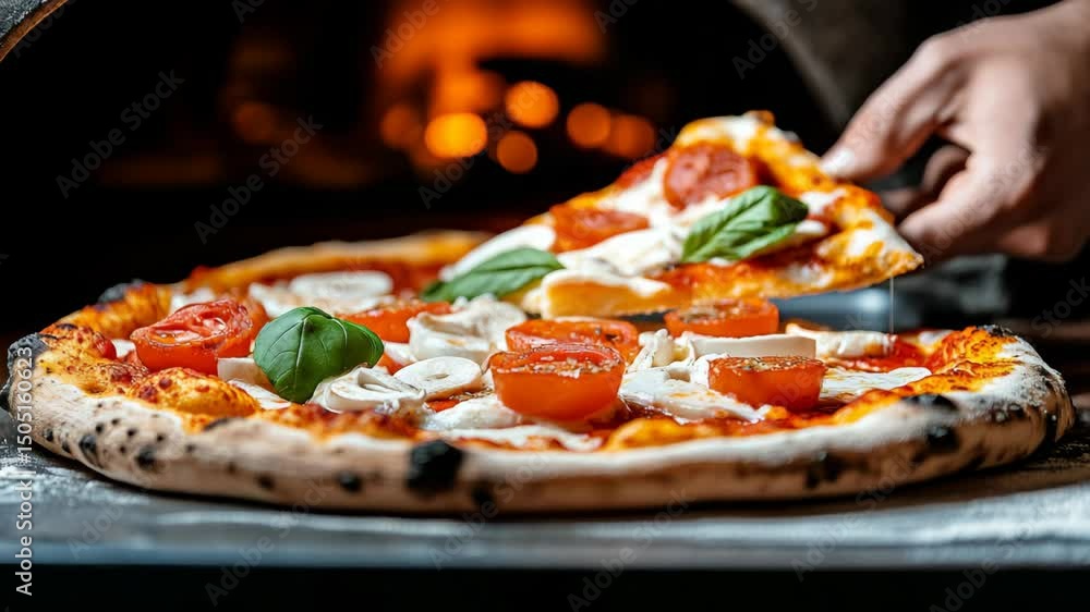 Poster person is holding a slice of pizza with tomatoes and basil on it. the pizza is placed on a table