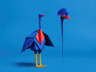  A vibrant origami cassowary stands out against an electric blue canvas