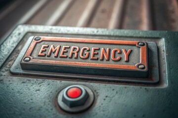 Close-up of an emergency button featuring a metallic label and a red activation switch. Concept of Emergency Switch Improve Industrial Safety Standards.