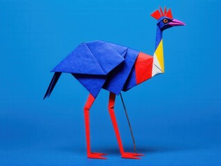  A vibrant origami cassowary stands out against an electric blue canvas