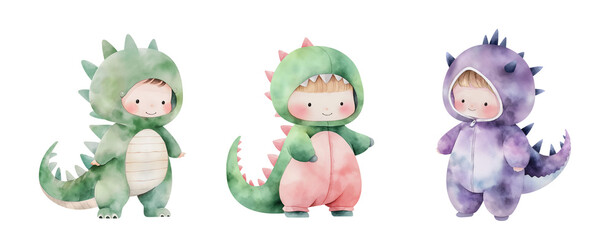 Fototapeta premium Set of happy little children in dinosaur costume, cute watercolor illustration. Character collection. Isolated clipart with clear even edge on transparent background