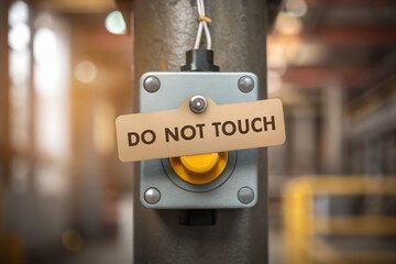Warning sign on a machine, indicating "Do Not Touch" for safety in an industrial setting. Concept of Emergency Switch Improve Industrial Safety Standards.
